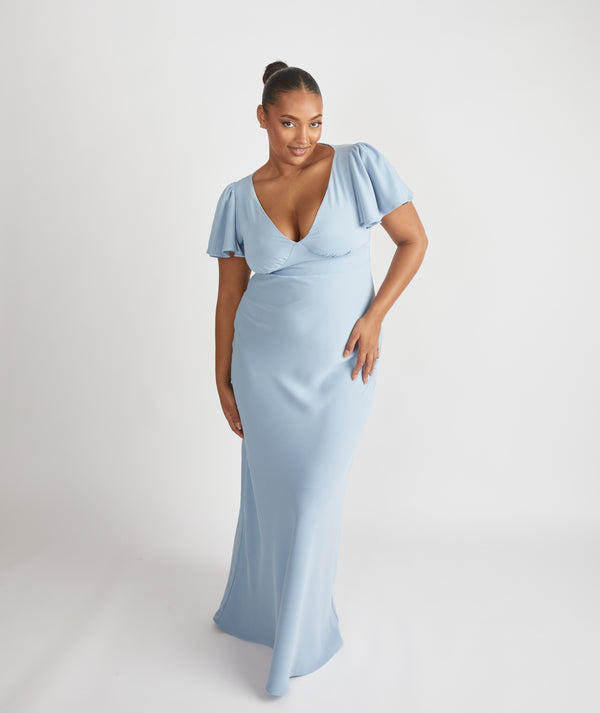 Flutter Sleeve Crepe Bridesmaid Dress - Pale Blue