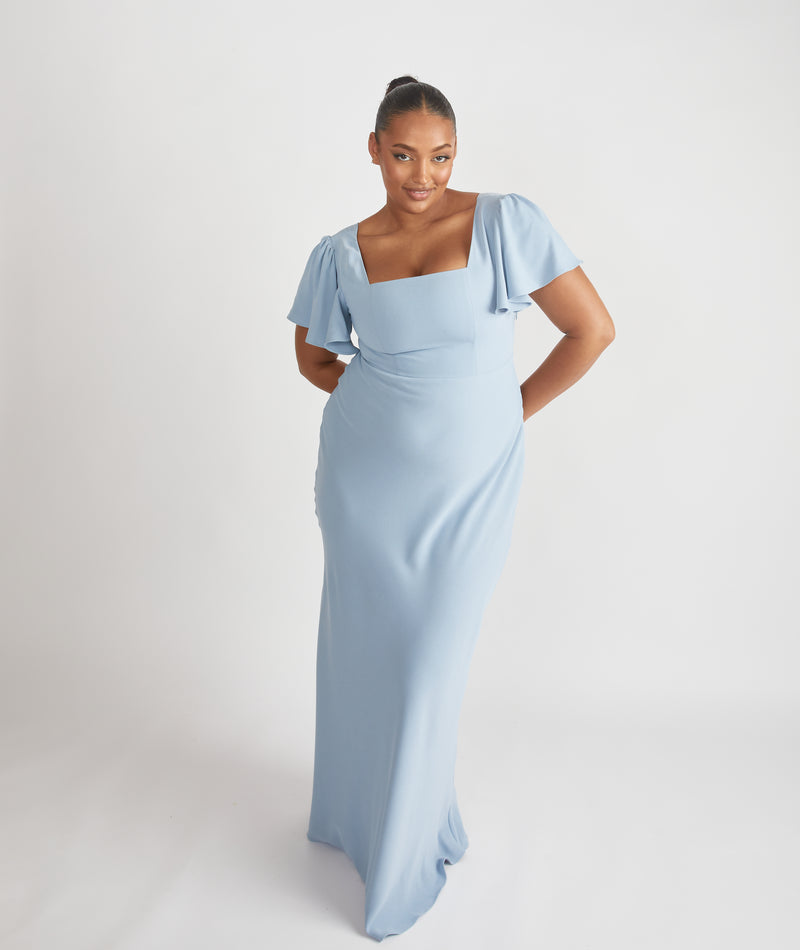 Square Neck Flutter Sleeve Crepe Bridesmaid Dress - Pale Blue