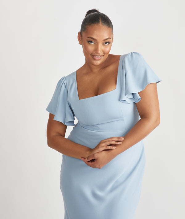 Square Neck Flutter Sleeve Crepe Bridesmaid Dress - Pale Blue