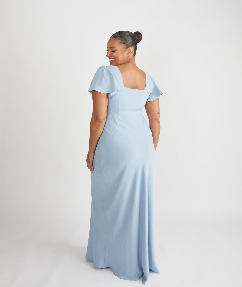 Square Neck Flutter Sleeve Crepe Bridesmaid Dress - Pale Blue