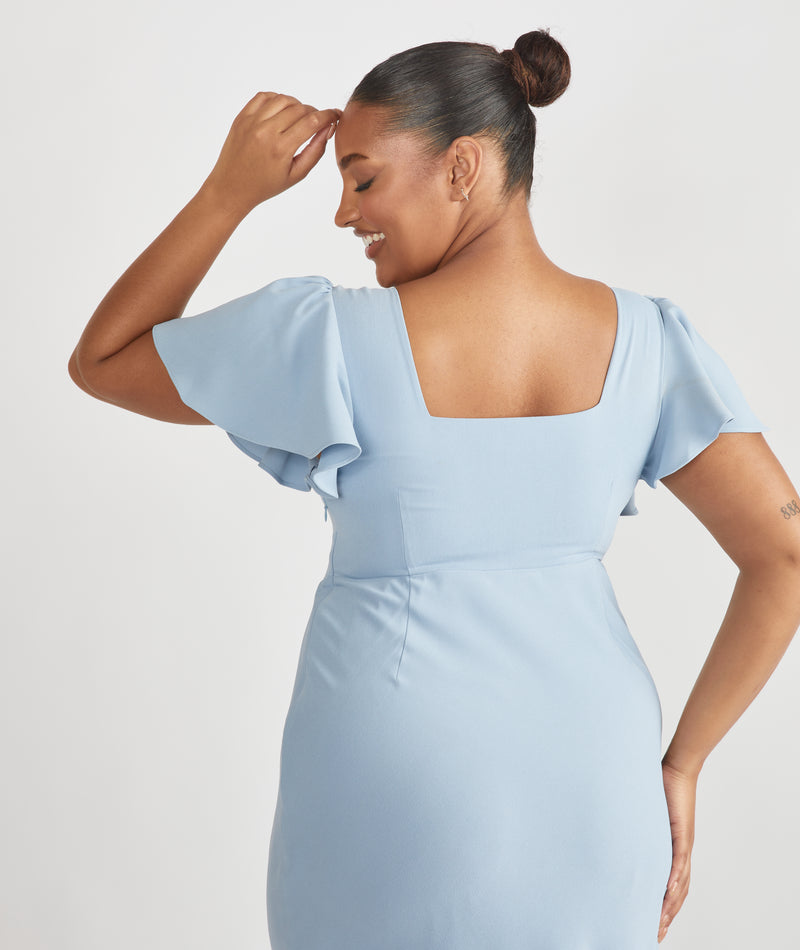 Square Neck Flutter Sleeve Crepe Bridesmaid Dress - Pale Blue