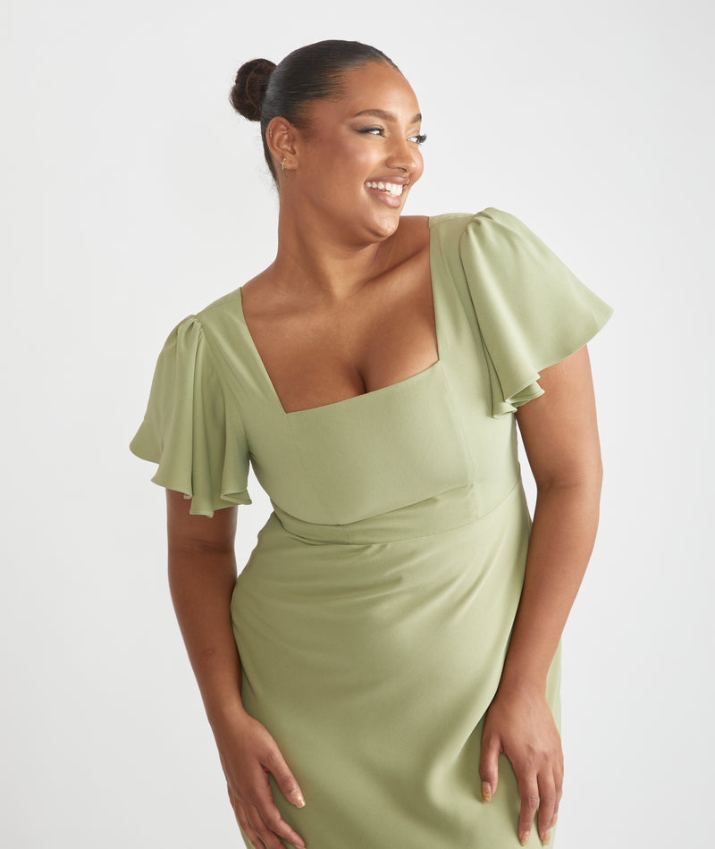 Square Neck Flutter Sleeve Crepe Bridesmaid Dress - Sage