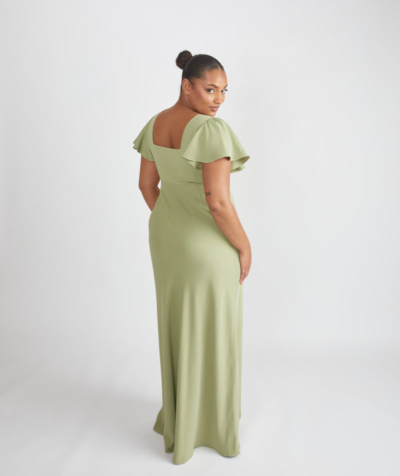 Square Neck Flutter Sleeve Crepe Bridesmaid Dress - Sage