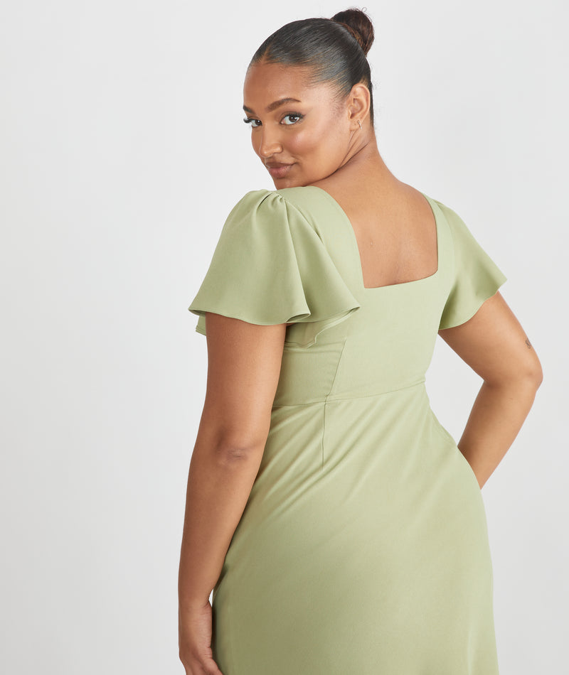 Square Neck Flutter Sleeve Crepe Bridesmaid Dress - Sage