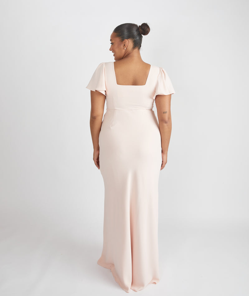 Square Neck Flutter Sleeve Crepe Bridesmaid Dress - Blush