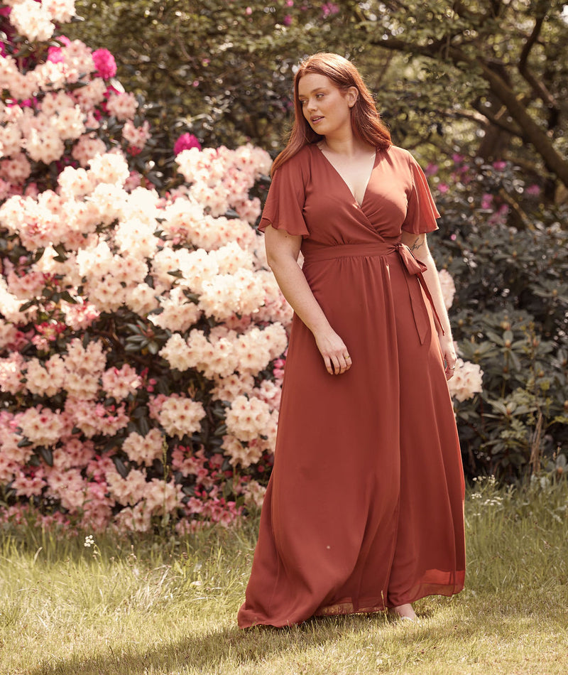 Flutter Sleeve Wrap Tie Chiffon Bridesmaid Dress - Rust