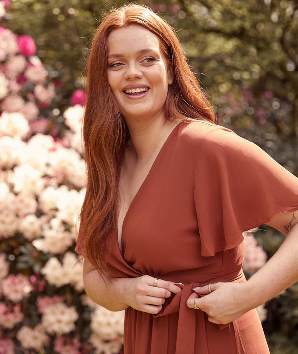 Flutter Sleeve Wrap Tie Chiffon Bridesmaid Dress - Rust