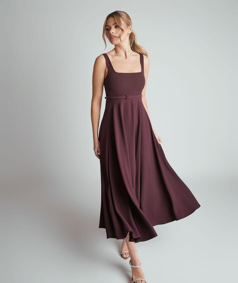 Square Neck Belted Midi Dress - Burgundy