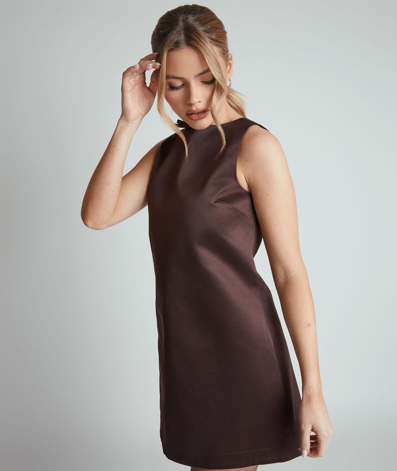 Mini Shift Bow Satin Dress - Chocolate Brown