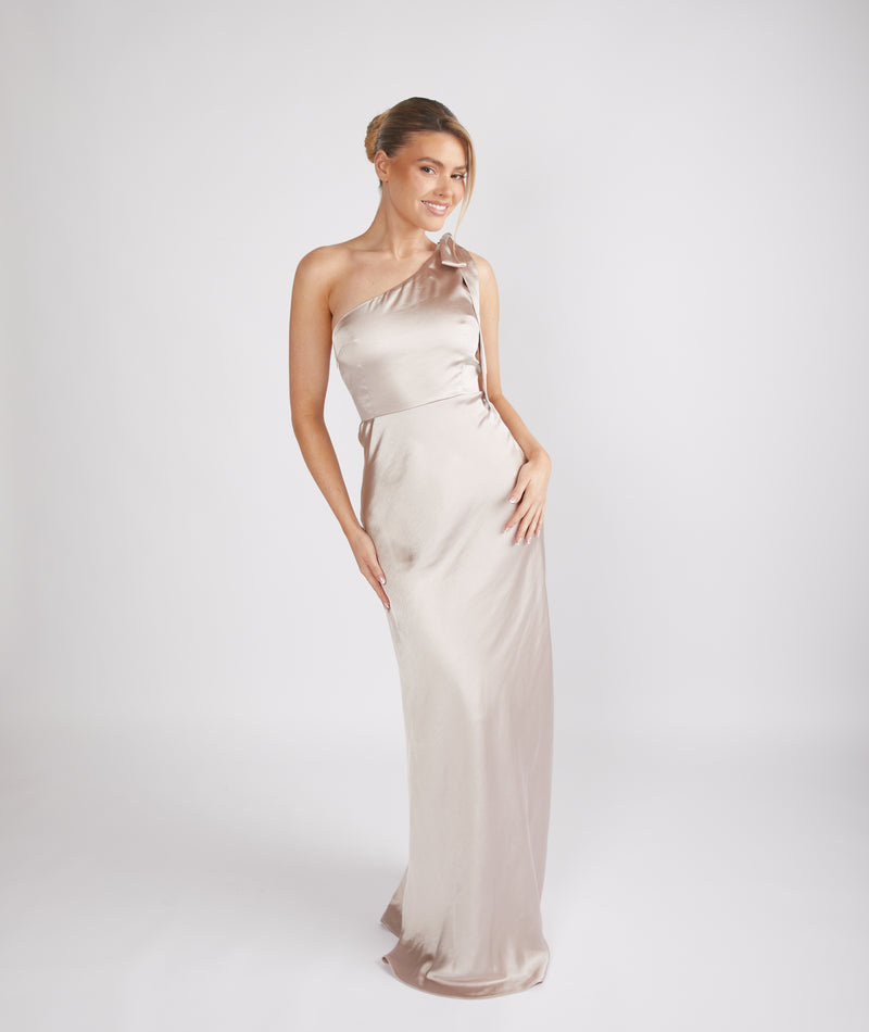 Bow One Shoulder Satin Bridesmaid Dress - Oyster