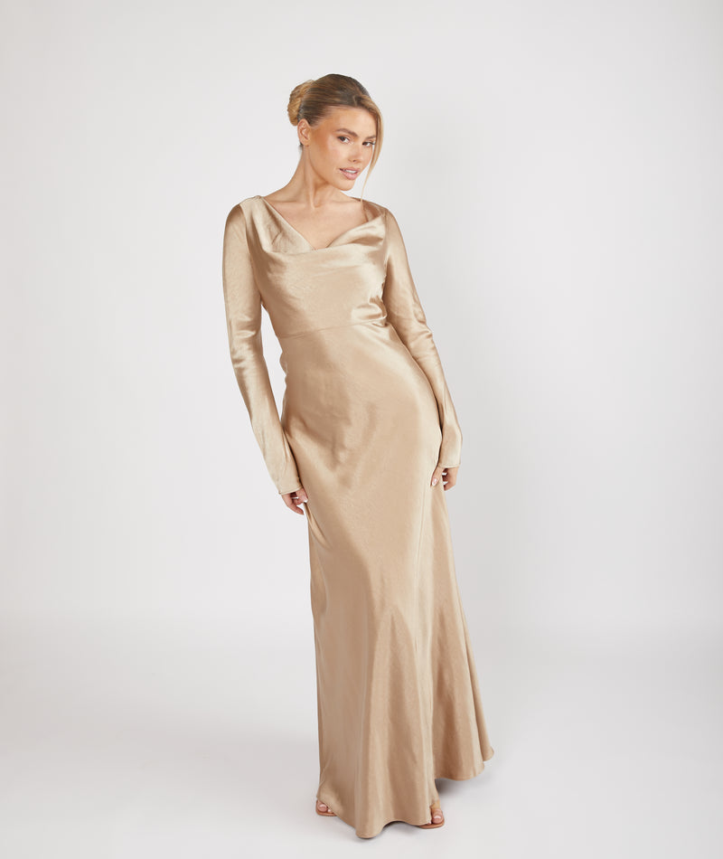 Cowl Front Long Sleeve Satin Bridesmaid Dress - Champagne