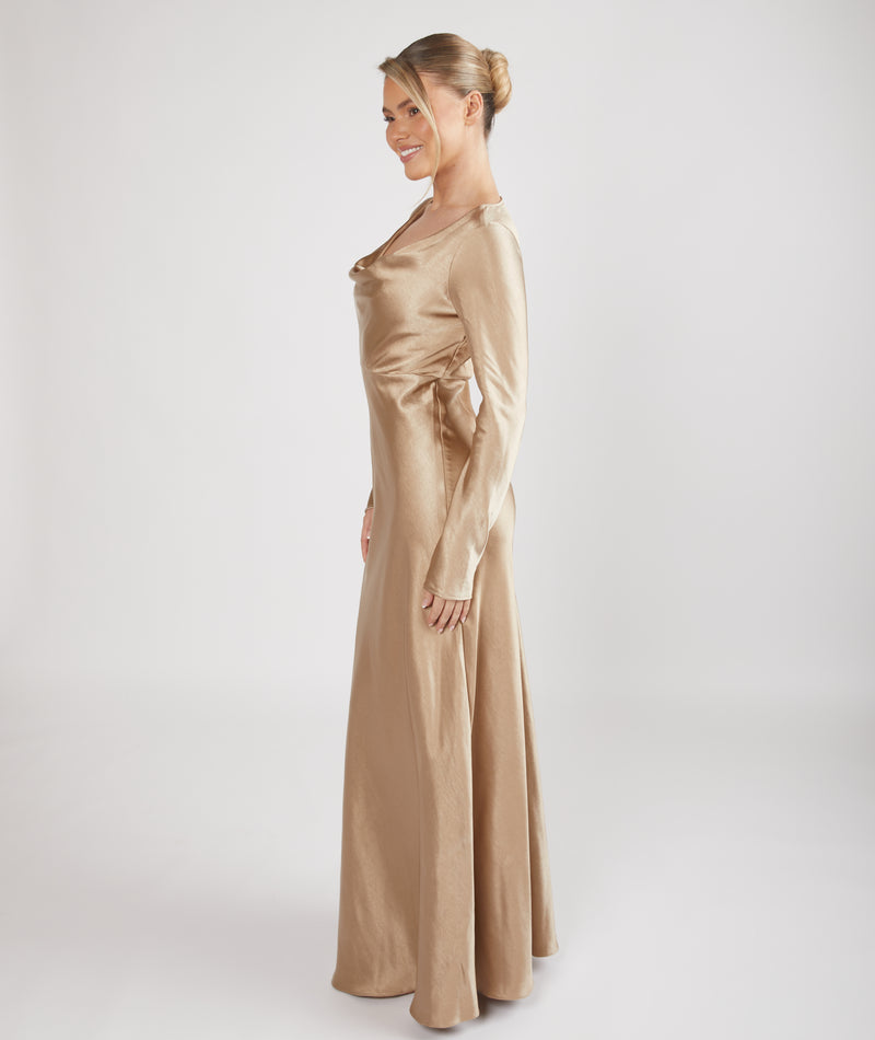 Cowl Front Long Sleeve Satin Bridesmaid Dress - Champagne