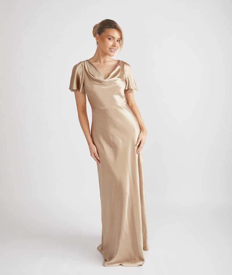 Cowl Front Satin Short Sleeve Bridesmaid Dress - Champagne