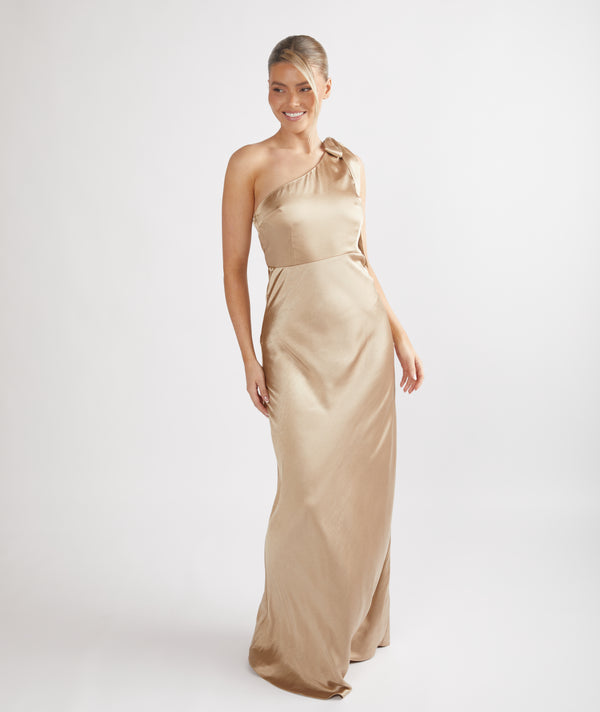 Bow One Shoulder Satin Bridesmaid Dress - Champagne