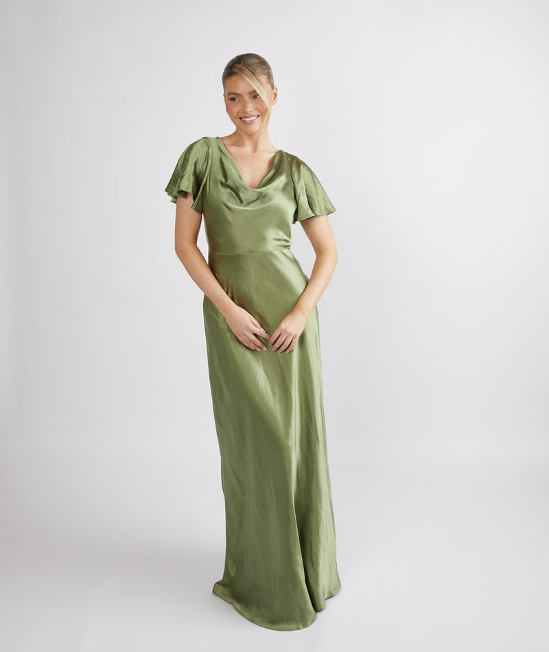 Cowl Front Satin Short Sleeve Bridesmaid Dress - Moss Green