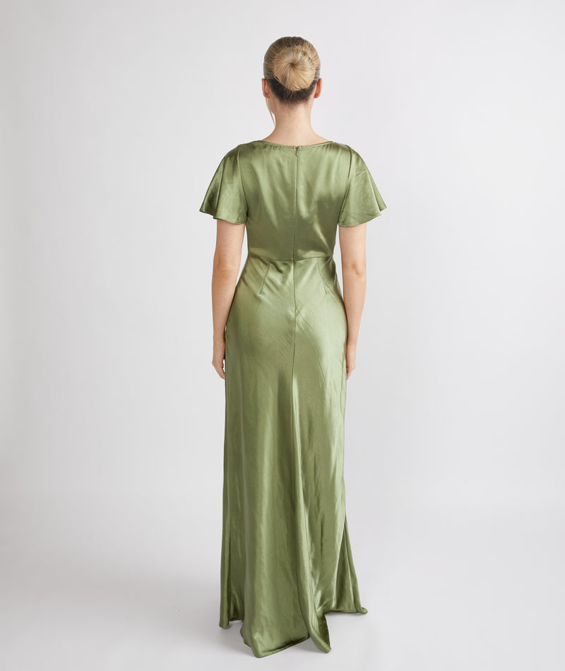 Cowl Front Satin Short Sleeve Bridesmaid Dress - Moss Green