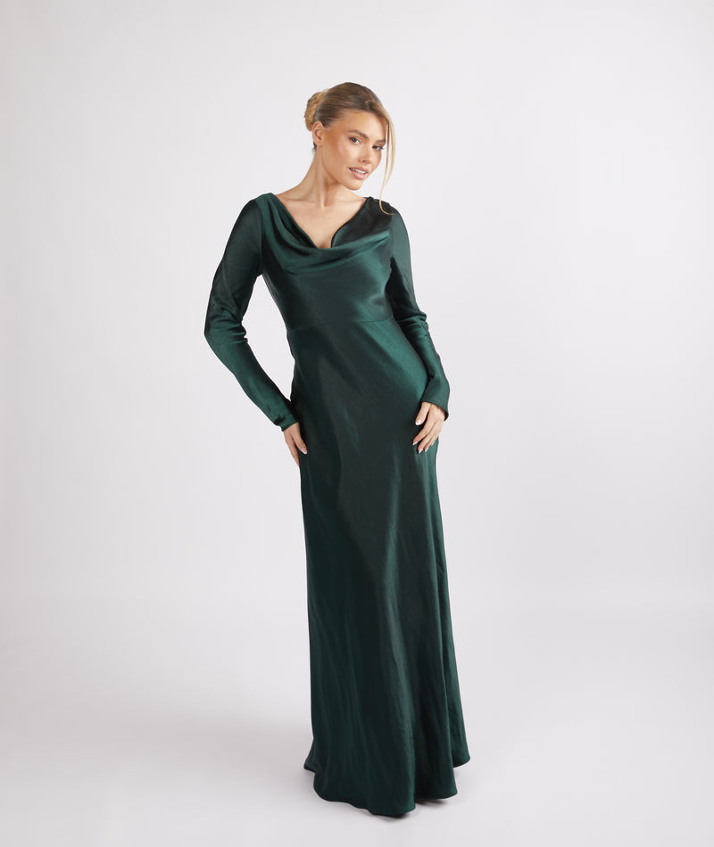 Cowl Front Long Sleeve Satin Bridesmaid Dress - Emerald