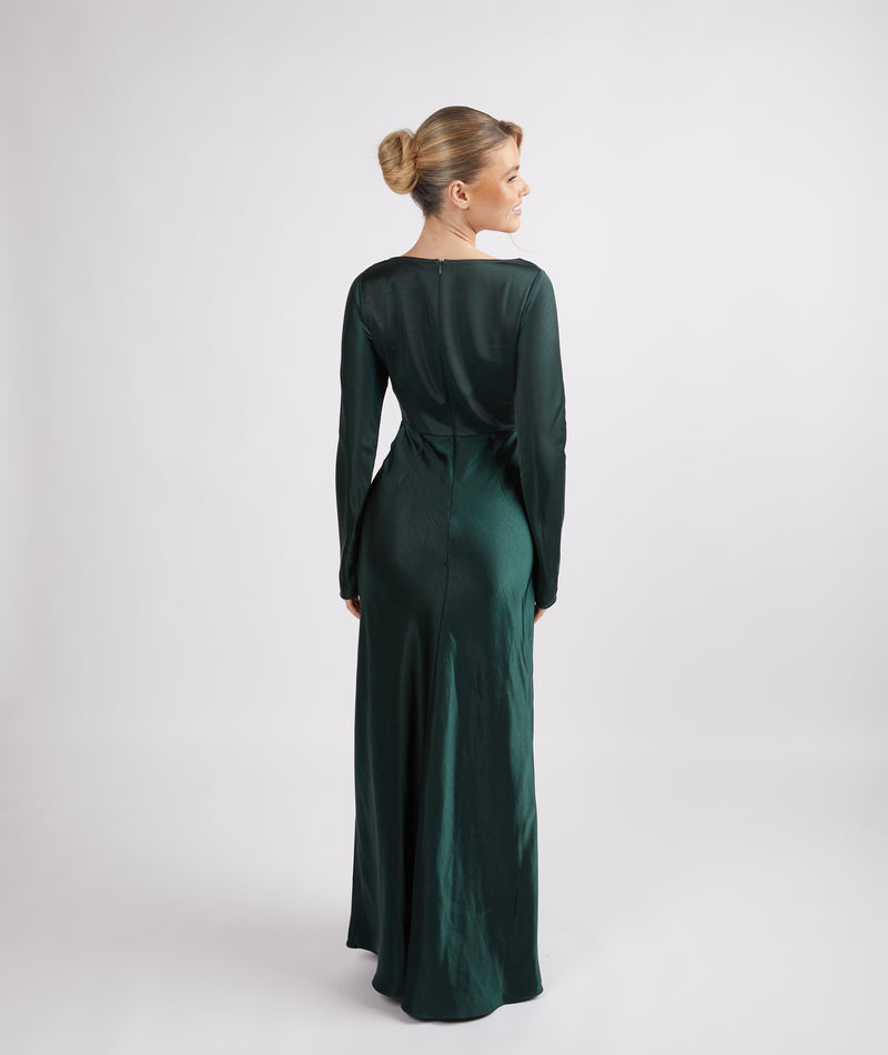 Cowl Front Long Sleeve Satin Bridesmaid Dress - Emerald