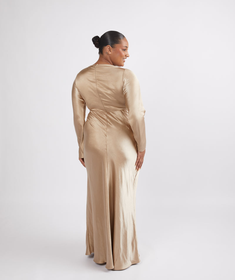 Cowl Front Long Sleeve Satin Bridesmaid Dress - Champagne