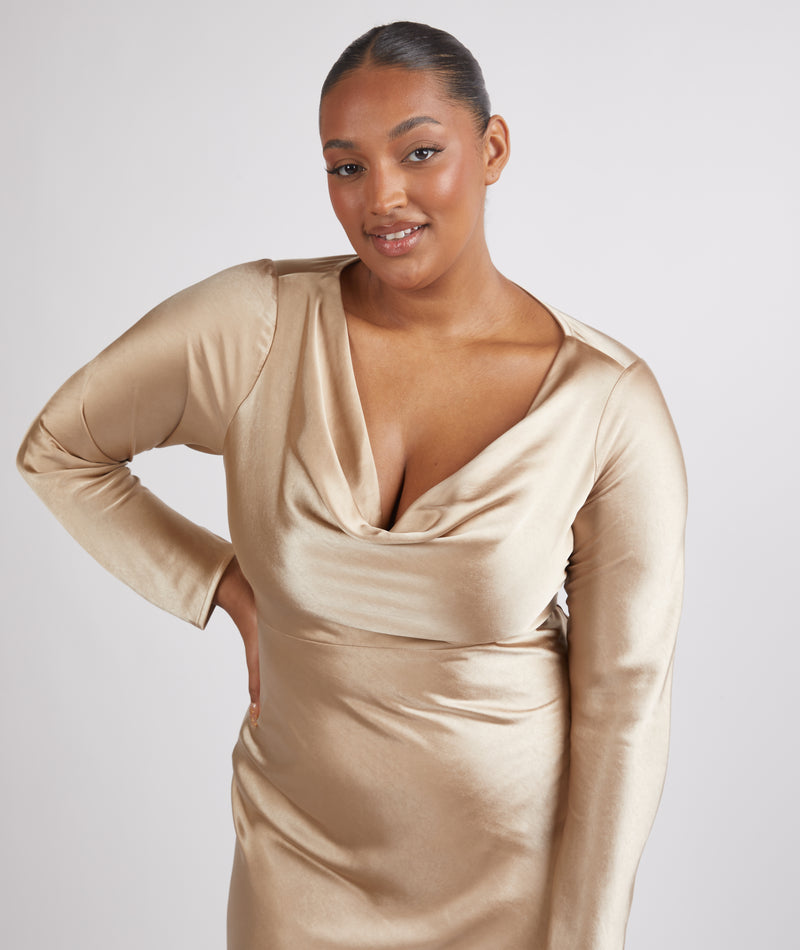 Cowl Front Long Sleeve Satin Bridesmaid Dress - Champagne