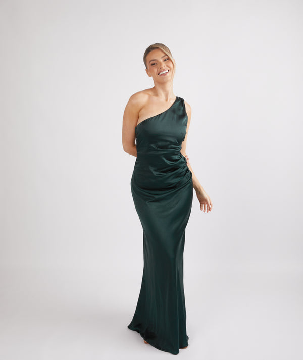 One Shoulder Satin Ruched Bridesmaid Dress - Emerald