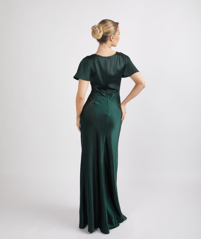 Cowl Front Satin Short Sleeve Bridesmaid Dress - Emerald