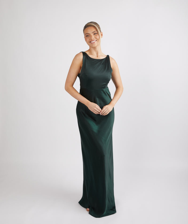 Cowl Back Satin Bridesmaid Dress - Emerald