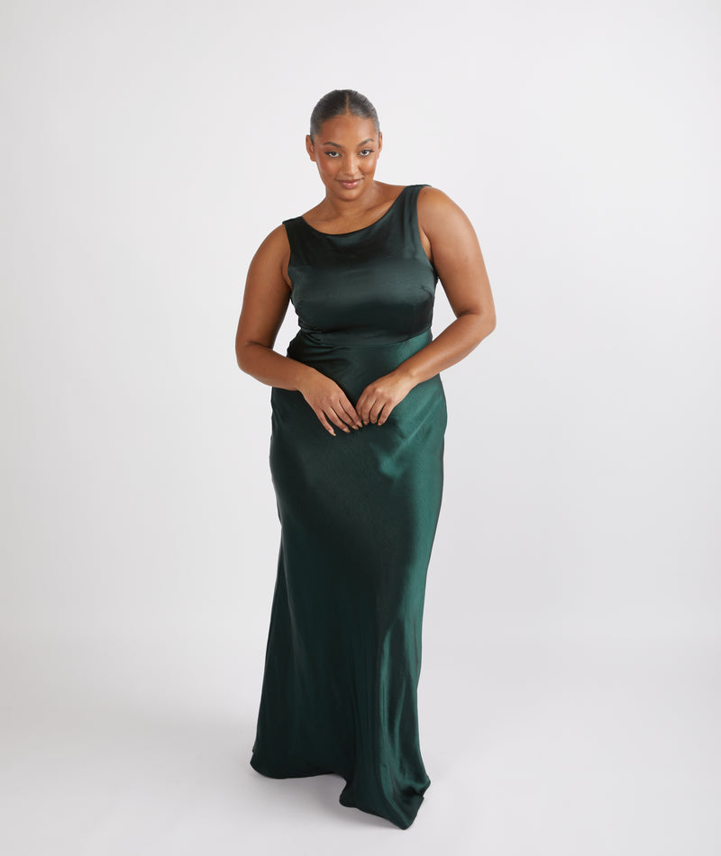 Cowl Back Satin Bridesmaid Dress - Emerald