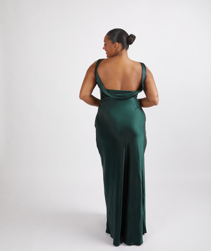 Cowl Back Satin Bridesmaid Dress - Emerald