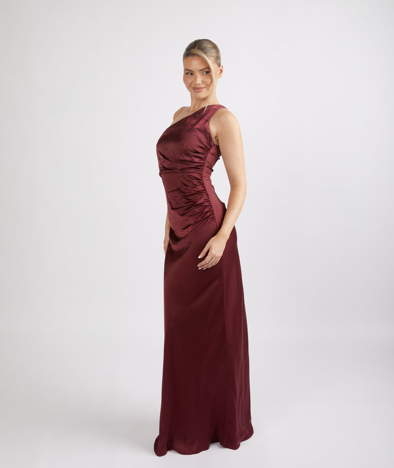 One Shoulder Satin Ruched Bridesmaid Dress - Deep Wine