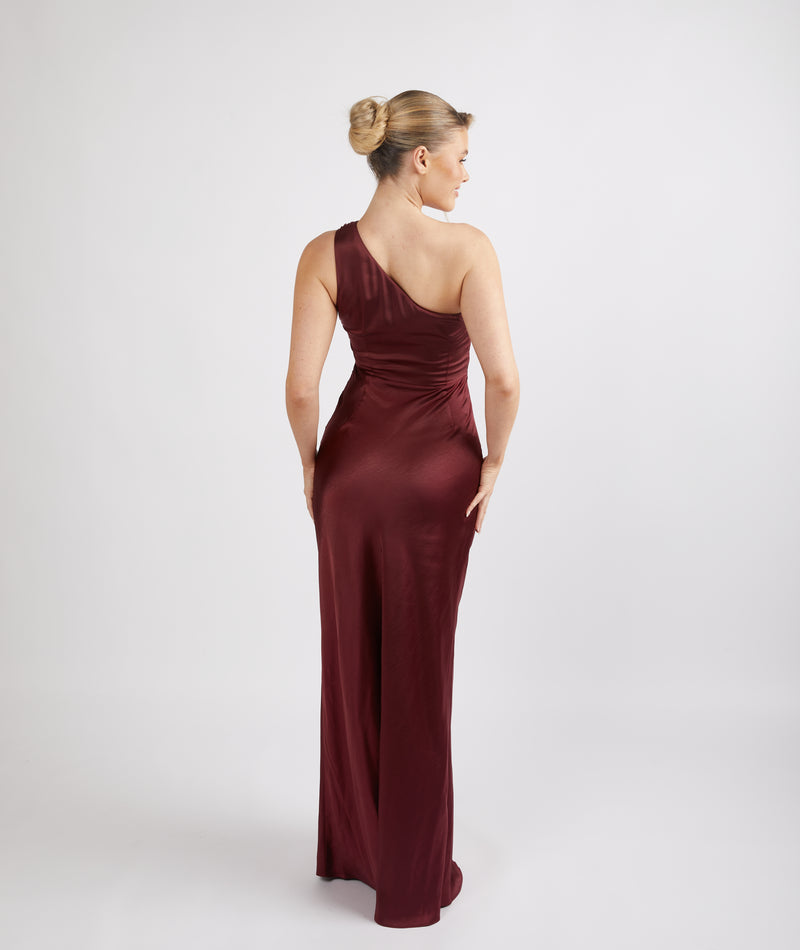 One Shoulder Satin Ruched Bridesmaid Dress - Deep Wine