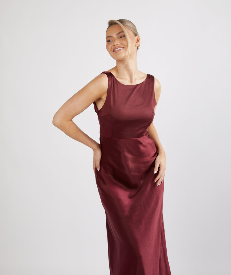 Cowl Back Satin Bridesmaid Dress - Deep Wine