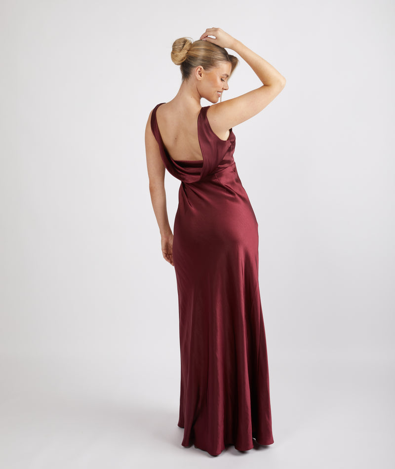 Cowl Back Satin Bridesmaid Dress - Deep Wine