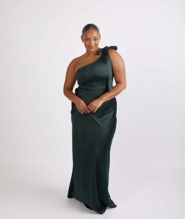 Bow One Shoulder Satin Bridesmaid Dress - Emerald