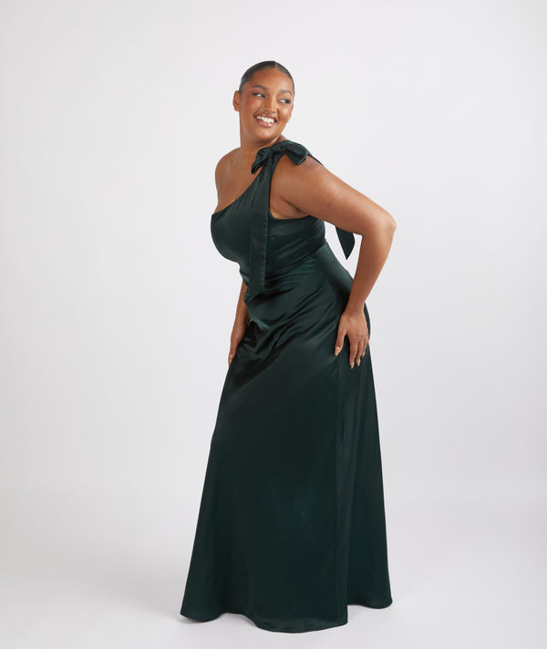 Bow One Shoulder Satin Bridesmaid Dress - Emerald