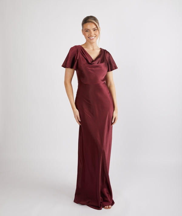 Cowl Front Satin Short Sleeve Bridesmaid Dress - Deep Wine