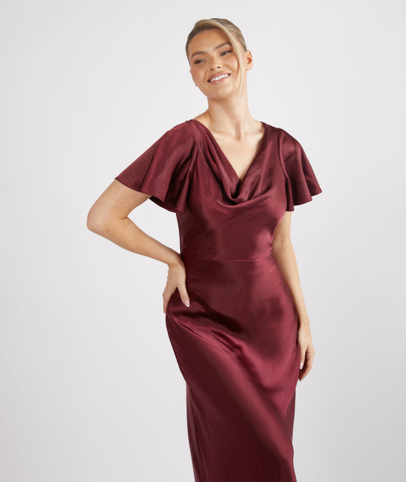 Cowl Front Satin Short Sleeve Bridesmaid Dress - Deep Wine