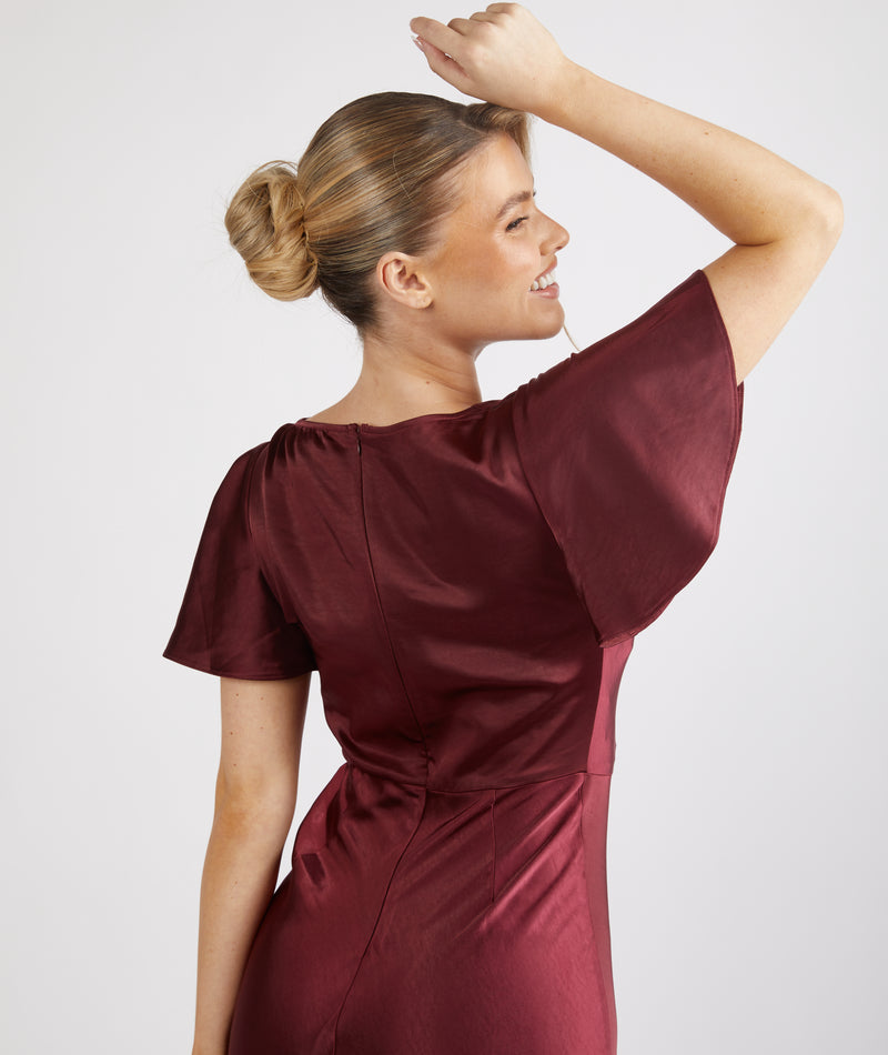 Cowl Front Satin Short Sleeve Bridesmaid Dress - Deep Wine