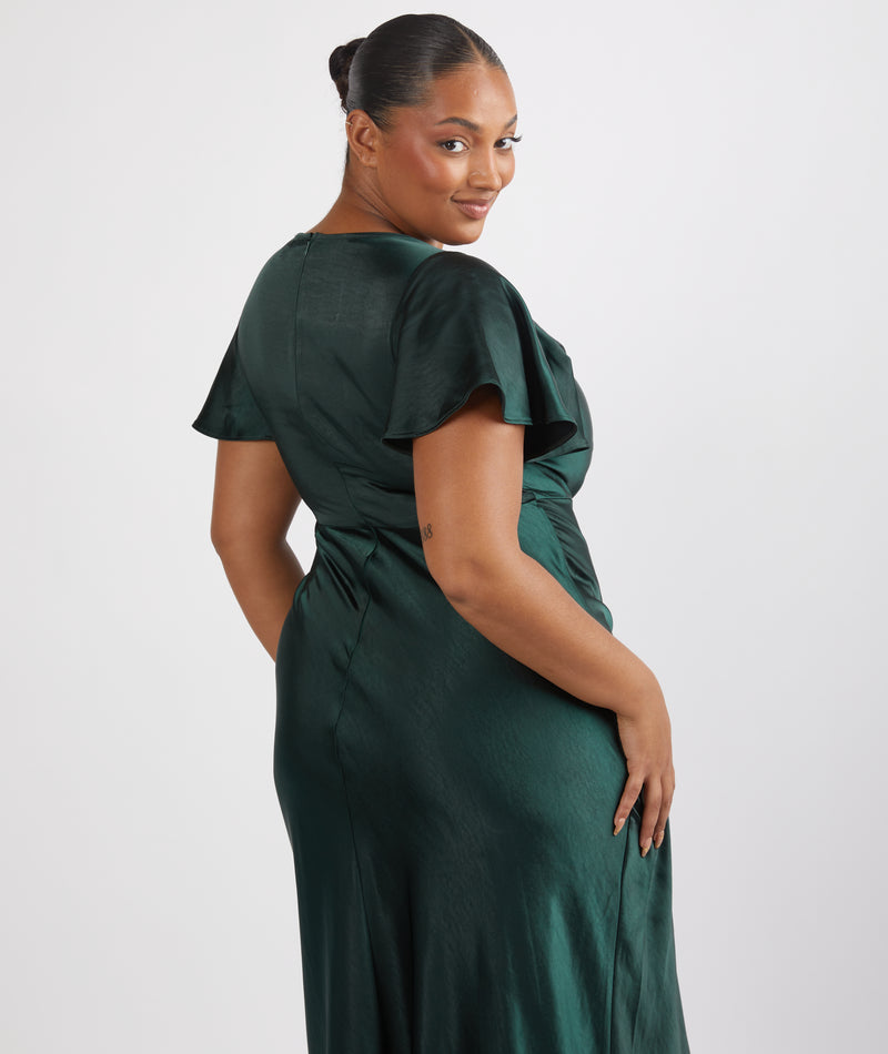 Cowl Front Satin Short Sleeve Bridesmaid Dress - Emerald