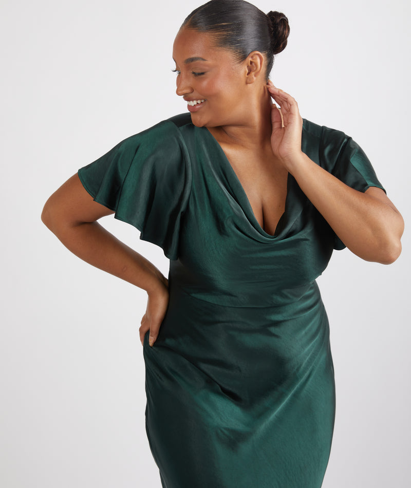 Cowl Front Satin Short Sleeve Bridesmaid Dress - Emerald