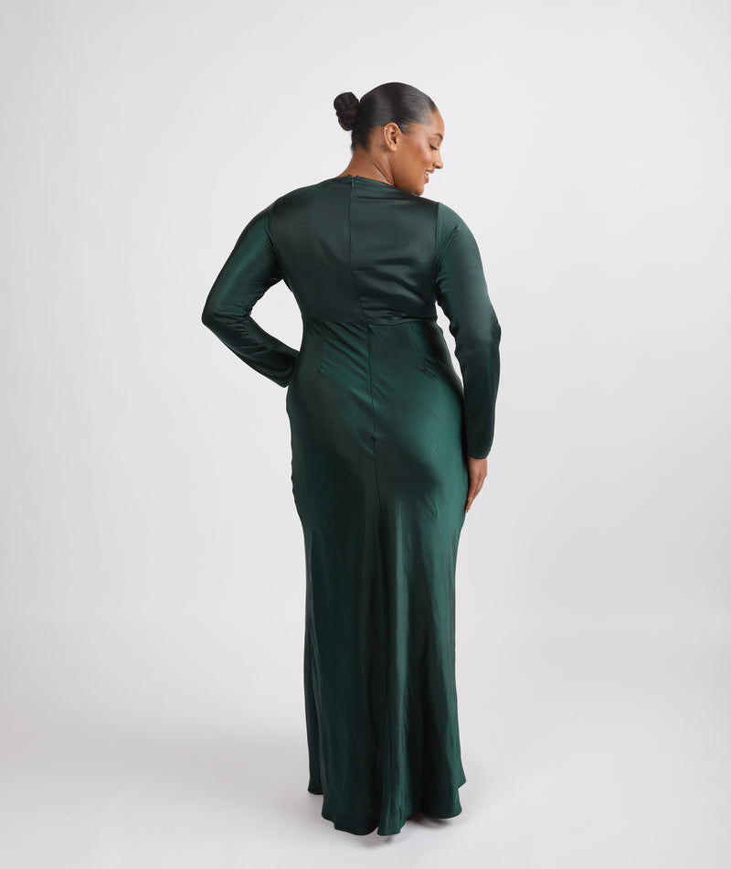 Cowl Front Long Sleeve Satin Bridesmaid Dress - Emerald