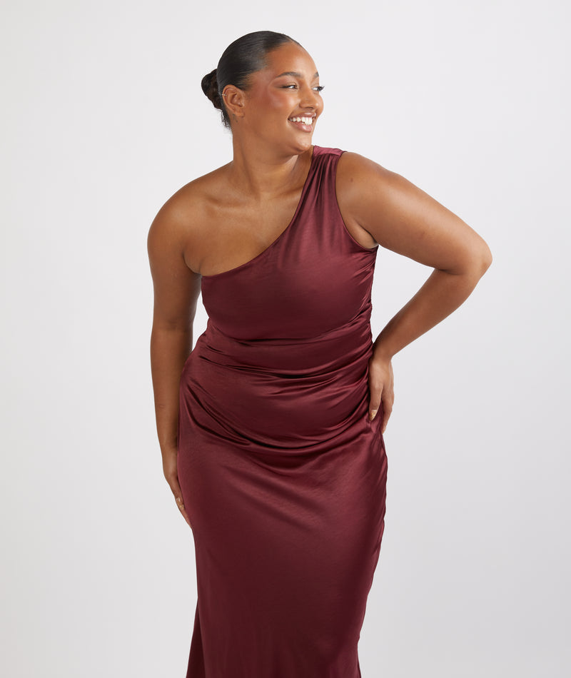 One Shoulder Satin Ruched Bridesmaid Dress - Deep Wine