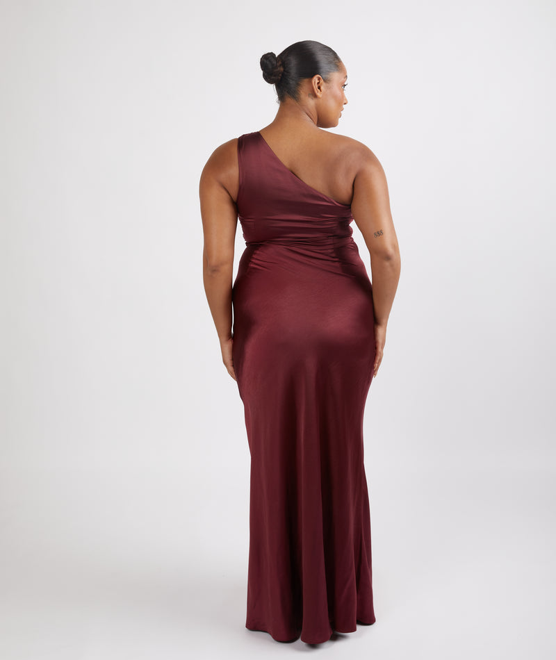 One Shoulder Satin Ruched Bridesmaid Dress - Deep Wine