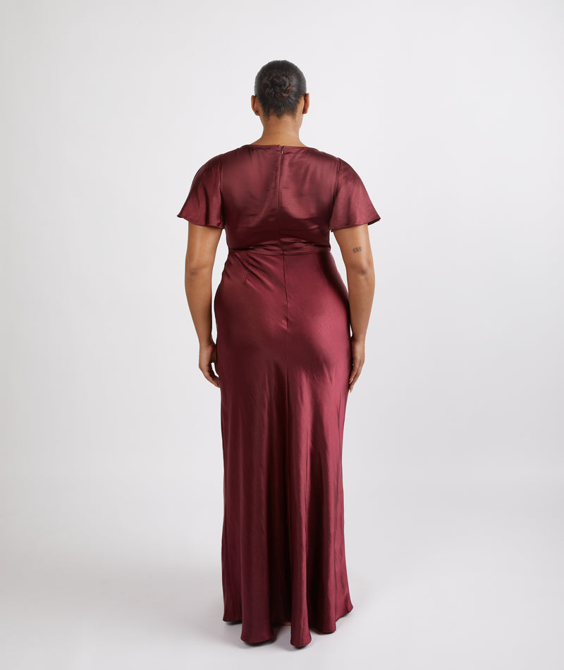 Cowl Front Satin Short Sleeve Bridesmaid Dress - Deep Wine