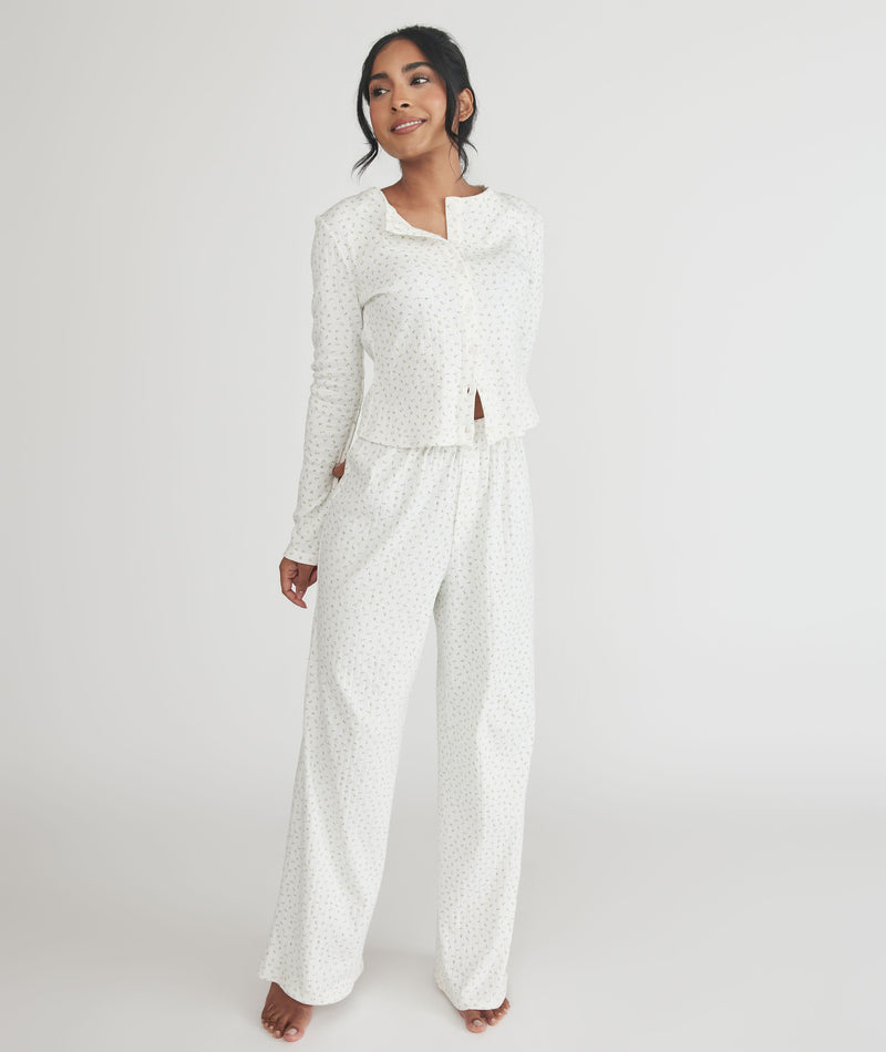 Pointelle Wide Leg Floral Pyjama Trousers - White