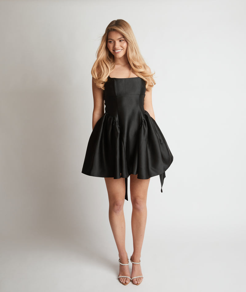 Satin Bow Back Pleated Skirt Mini Dress - Black