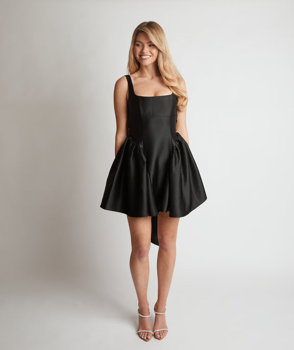 Satin Bow Back Pleated Skirt Mini Dress - Black