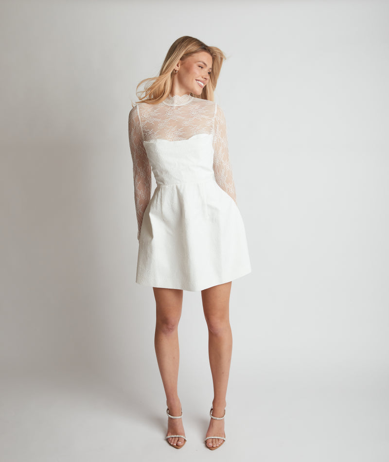 Lace Sleeve Cup Detail Mini Dress - White