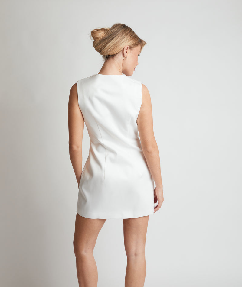 Button Through Satin Tailored Mini Dress - White