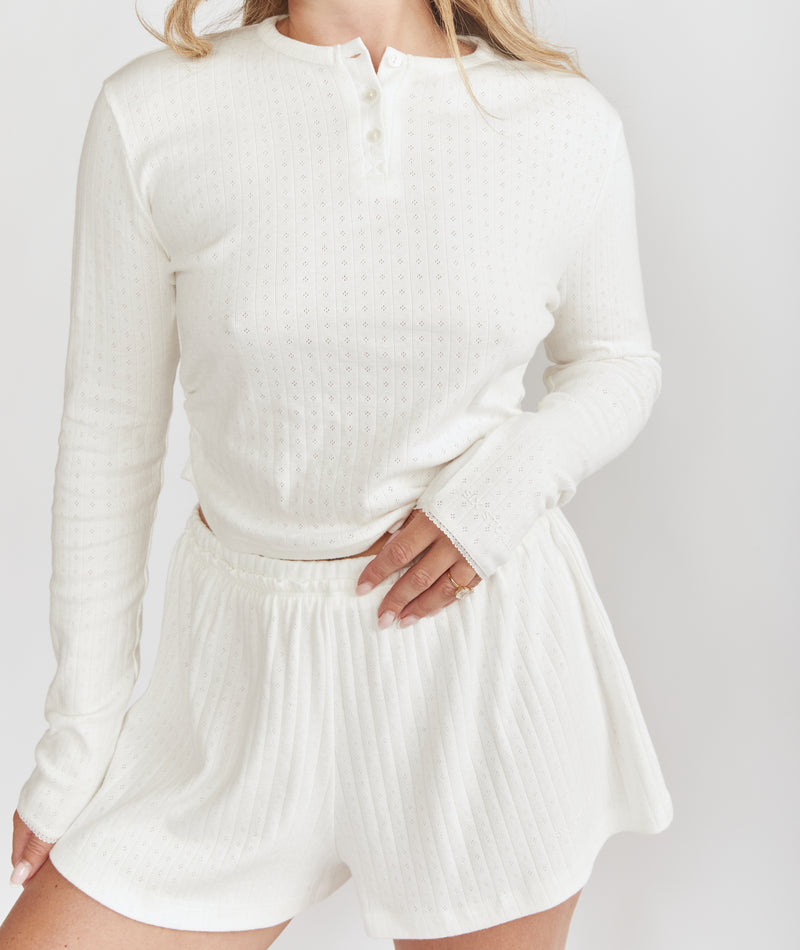 Pointelle Long Sleeve Pyjama Top - Coconut